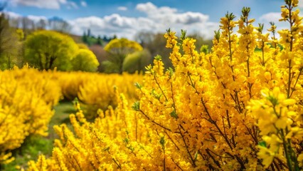 Obraz premium Golden blooms burst forth from shrubs in a springtime meadow, painting the landscape with vibrant splashes of sunny yellow.