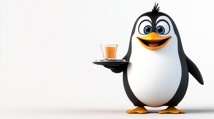 Obraz premium Funny Penguin Cartoon Character Serving Orange Juice on a Tray
