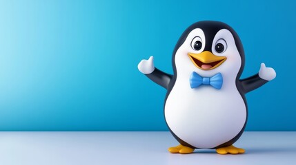 Obraz premium Happy Cartoon Penguin with Blue Bowtie and Thumbs Up