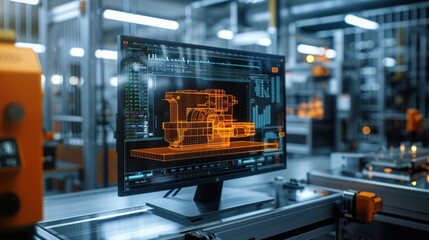 Naklejka premium Futuristic industrial factory scene showcasing a 3D rendering of a product development workflow on a computer monitor The image depicts a high tech
