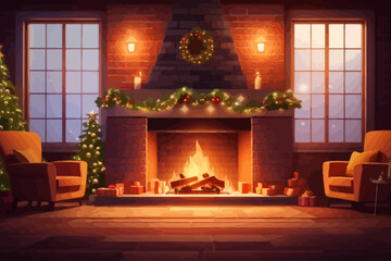 fireplace with a burning fire and logs christmas illustration