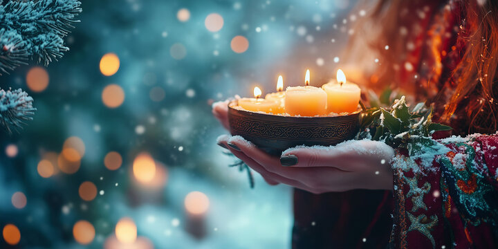 Hands holding burning candles in snowy winter scene. Pagan New Year celebration concept. Image for event poster and holiday greeting card.