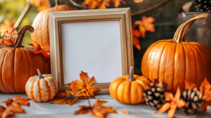 A white frame with a pumpkin and a leaf sits on a table with other pumpkins