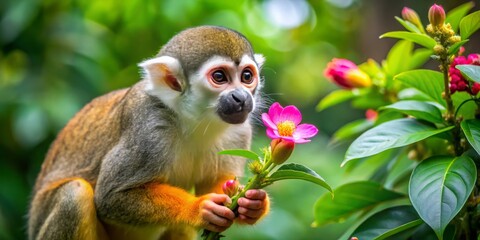 "Squirrel monkey perched on branch, sniffing flowers, with bright curious eyes and fluffy fur, surrounded by lush green tropical foliage."