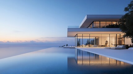 Fototapeta premium A stunning modern villa with floor-to-ceiling windows overlooking a peaceful infinity pool at sunset.