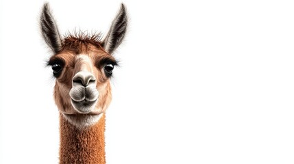 Obraz premium A close-up portrait of a llama with expressive eyes and a friendly demeanor against a white background.