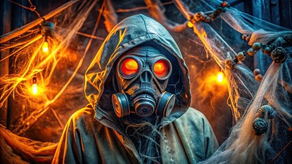A eerie figure wears a distressed gas mask adorned with cobwebs, artificial spiders, and orange LED lights, evoking a haunting Halloween atmosphere.