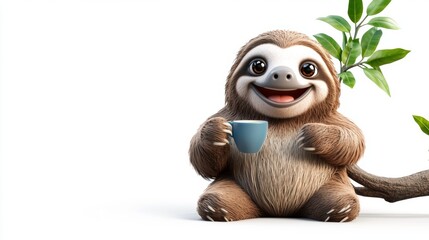 Cute Cartoon Sloth Holding a Cup of Coffee on a Branch