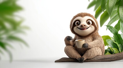 Fototapeta premium Cute Sloth Sitting on a Branch with a Cup of Coffee