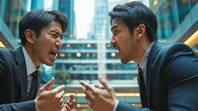 A disagreement and tension arises between two Asian businessmen as they argue about commercial problems.