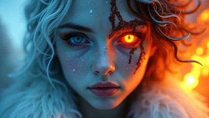 Naklejka premium Duality embodied icy glacier goddess meets fiery infernal demon