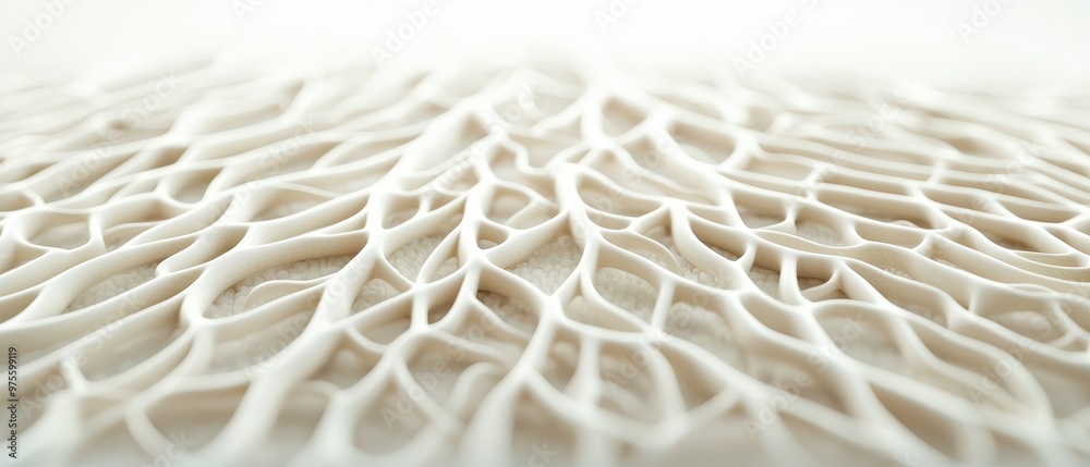 Poster an abstract close-up image showcasing intricate, interconnected patterns resembling fine threads or 