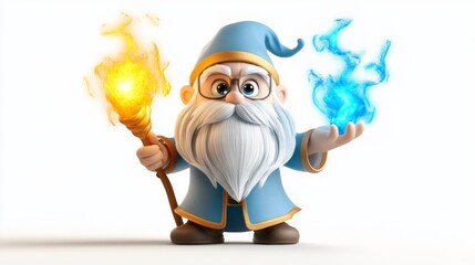Naklejka premium 3D Cartoon Wizard Character with Fire and Ice Magic
