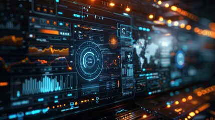 Fototapeta premium Futuristic digital dashboard interface with holographic data visualization and financial analytics charts graphs and infographics Illustrating the modern