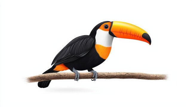 A colorful toucan perched on a branch, showcasing its vibrant beak and striking black and orange plumage in a natural setting.