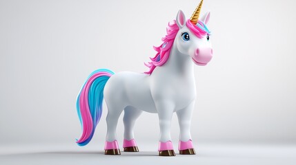 Cute Cartoon Unicorn 3D Render White Pink Blue Mane Tail Horn