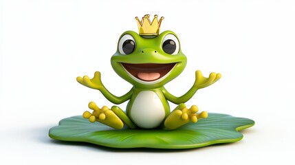 Obraz premium Cute Cartoon Frog Prince Sitting on a Lily Pad with Golden Crown