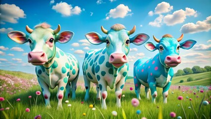 "Whimsical cows with bright blue spots and soft pink noses roam a green meadow, suitable for a children's classroom or nursery printable"