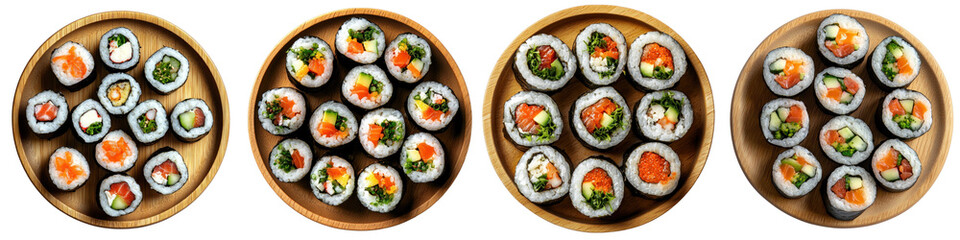 Top view of sushi rolls with various fillings on a wooden plate, centered on a transparent background.