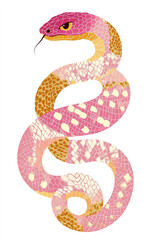 Fototapeta premium Vector illustration of a cute snake with pink and gold checkered design on a ribbon banner, with Chinese character 