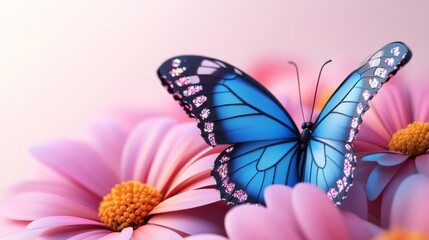 Fototapeta premium Blue Butterfly on Pink Flowers with Glitter
