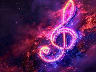 Vibrant Neon 3D Treble Clef Gleaming with Animated Lights in a Dark Studio Setting, Creating an Electric Atmosphere