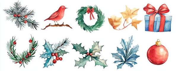 A festive watercolor collection featuring Christmas elements like wreaths, gifts, holly, and a cardinal, perfect for holiday designs.