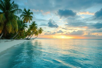 Sunset view over tropical ocean with palm tree silhouette, colorful sky, and crashing waves, representing serene and peaceful nature, Ai Generation