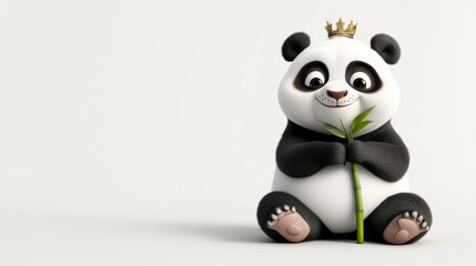 Fototapeta premium Cute Cartoon Panda Bear Wearing a Crown Holding Bamboo