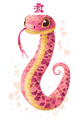Fototapeta premium Cute snake with pink and gold checkered pattern on a vertical ribbon banner featuring the Chinese character 