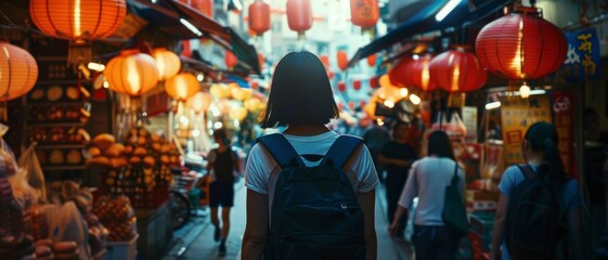 Obraz premium A person with a short bob hairstyle walks through a lively marketplace lit by hanging red lanterns, surrounded by diverse vendors and goods.