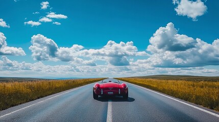 A red sports car drives down a scenic road under a blue sky filled with clouds, surrounded by golden fields.