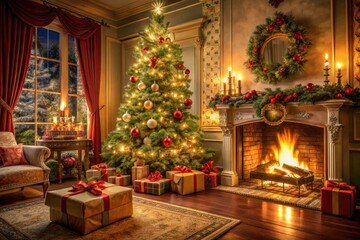 A festive holiday scene featuring a decorated Christmas tree, ornate presents, and a warm fireplace, capturing the magic of the winter season in a luxurious interior setting.