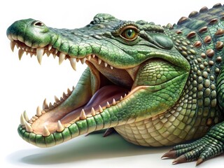 Obraz premium A realistic illustration of an alligator features smooth green scales that glisten in the sunlight, sharp teeth gleaming with menace, and a long tail swishing lazily.
