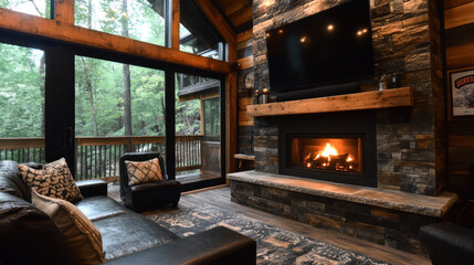 A rustic stone fireplace burns brightly, offering warmth and comfort during the winter season.