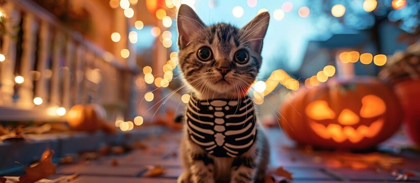 Adorable Costumed Kitty Sitting on Wooden Platform with Pumpkins and Festive Lights  Cute Halloween themed image of a cat wearing a striped costume
