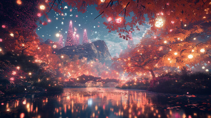 Fototapeta premium An autumn landscape with vibrant orange, red, and yellow leaves covering the ground and trees. The scene is illuminated by glowing neon lights and RGB colors subtly integrated into the environment,