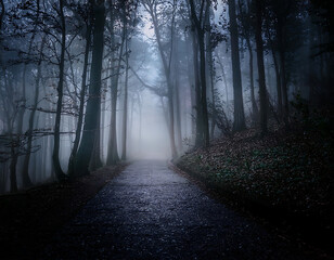 Fototapeta premium Dark and moody forest pathway, covered in mist, creating a haunting and mysterious atmosphe_1(304)