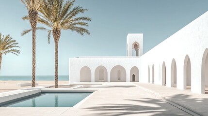 A serene architectural scene featuring white buildings, palm trees, and a tranquil pool by the beach.