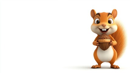 Cute Cartoon Squirrel Holding Acorn on White Background