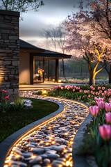 Fototapeta premium A winding path is a path to tranquility among nature's palette, capturing the peaceful atmosphere of an evening stroll.