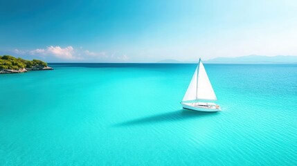 Obraz premium A stunning view of a turquoise lagoon on a tropical island. A lone sailboat glides across the water.