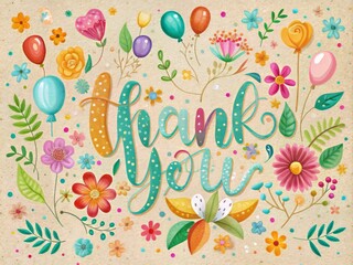 "Bright colorful words 'Thank You' with hand drawn illustrations of flowers, balloons and confetti amidst subtle texture and shimmer effect"