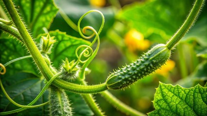 Tiny, curled cucumber tendrils delicately unfurl from a lush bed of green leaves, their slender stems swaying gently in the soft breeze.