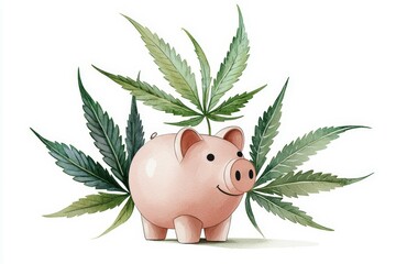 Obraz premium A playful piggy bank surrounded by cannabis leaves, symbolizing finance and modern lifestyle trends in a vibrant visual.