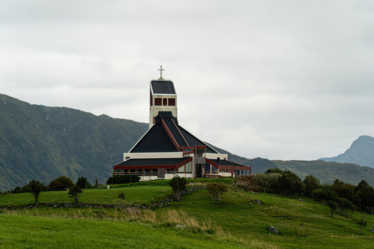 The scenic church in Borg, Lofoten in a cloudy day.