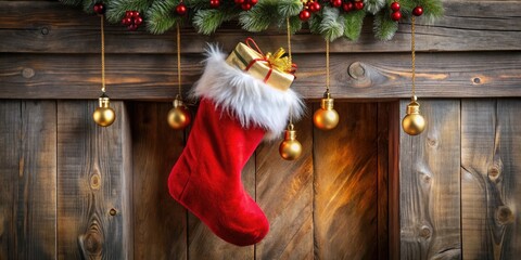 Obraz premium A festive red Christmas stocking with white fur trim and jingling golden bells hangs from a rustic wooden mantle, ready for holiday treats.