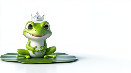 Fototapeta premium Cute Green Frog with Crown Sitting on Lily Pad