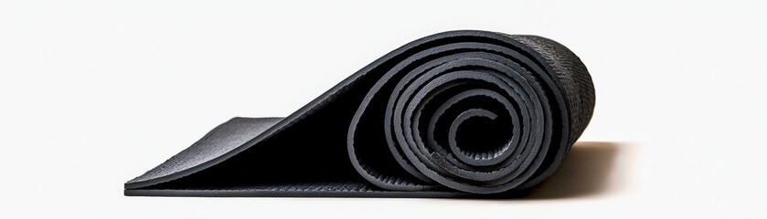 A rolled black exercise mat, perfect for yoga, fitness, and workouts, providing durability and comfort for workouts.