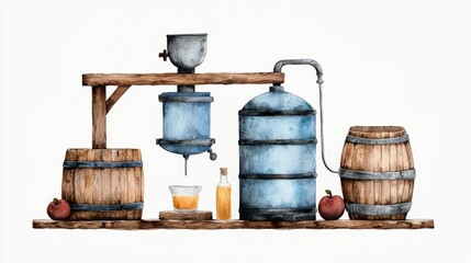 Naklejka premium A rustic setup featuring a distillation apparatus, barrels, and a glass showcasing the art of beverage crafting.